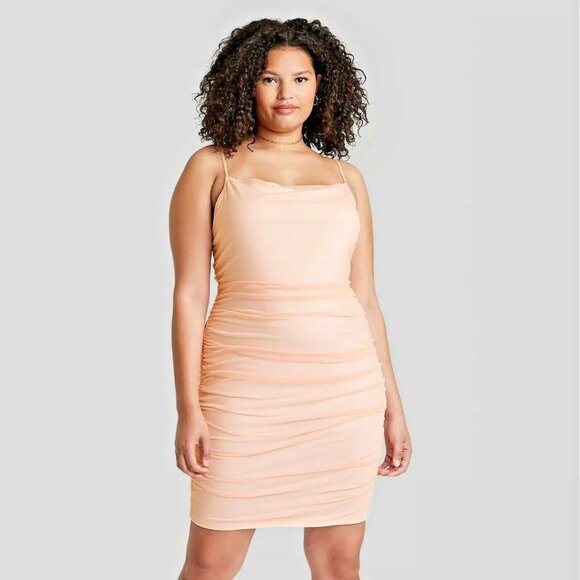 Wild Fable Dress Peach Sleeveless Ruched Mesh Overlay Bodycon NWT - Picture 1 of 10